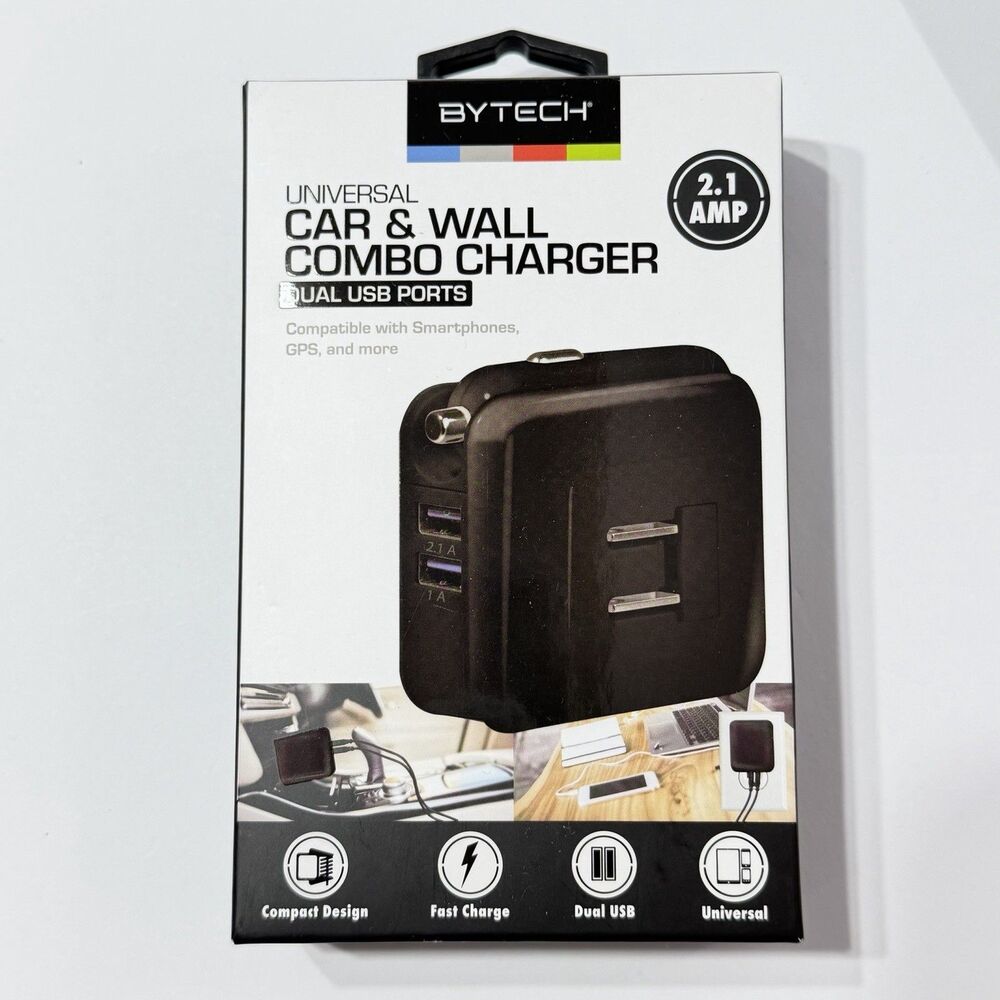 NEW Bytech Dual USB Car & Wall Charger 2.1A Universal Smartphone Tablet Charger